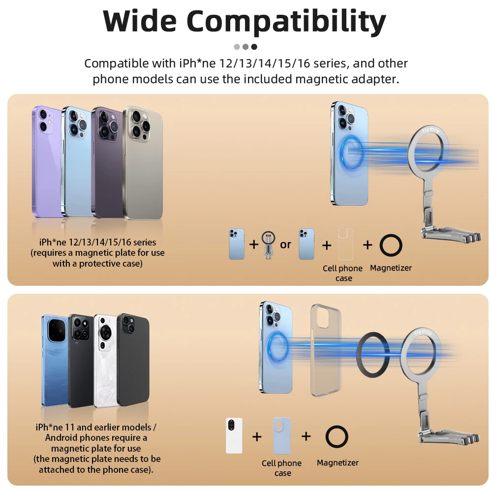 Flymile Magnetisches Selfie-Stick-Stativ für iPhone 16, 15, 14, 13, 12 Pro Max, faltbares Telefon, 1/4 Zoll Löcher, kompatibel mit MagSafe – Detail 5