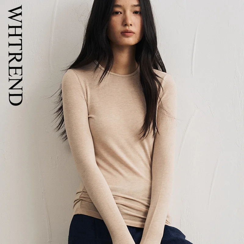 

WHTREND шикарная базовая рубашка для женщин, осенне-зимняя облегающая однотонная приятная для кожи футболка WH1614