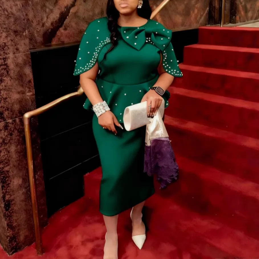 

Элегантное вечернее платье-футляр больших размеров с жемчужной отделкой, бантом и оборками, стройнящее, для вечеринок, лето 2025, повседневное, в стиле Y2K