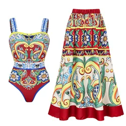 Flaxmaker zomervakantie vintage sexy backless bedrukt eendelig badpak en rok dames badmode push-up badpak monokini