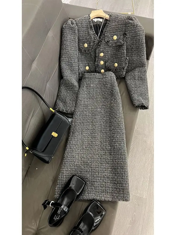 Women Winter Jacquard Tweed Elegant Suit Jacke Coat Top And Long Skirt Two Piece Set Matching Outfit Female Formal Party Clothes