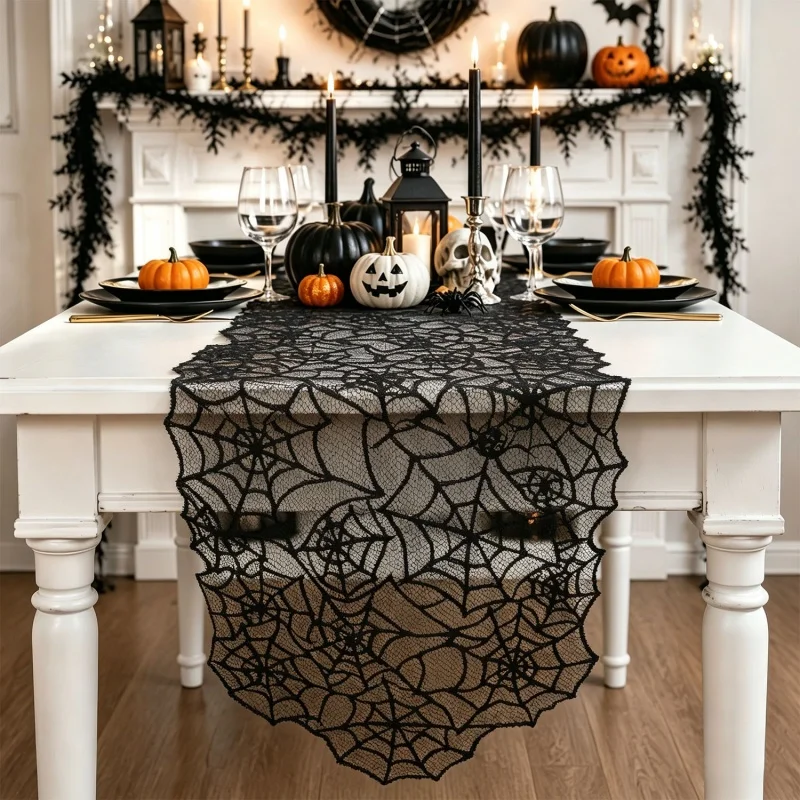 Halloween Spider Web Lace Table Runner Black Gothic Embroidery Tablecloth Table Decor for Party Home Mantel Festival Decoration