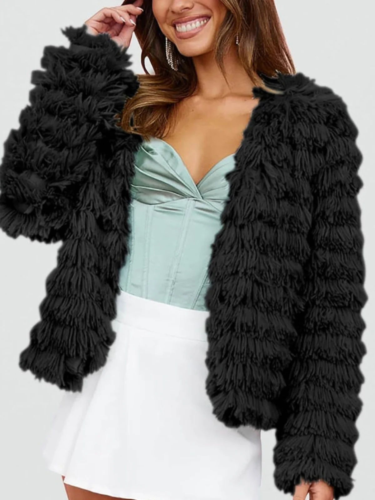 معطف نسائي أنيق من الفرو الصناعي، سميك للشتاء، معطف قصير بأكمام طويلة من ألياف البوليستر، تصميم فضفاض عصري