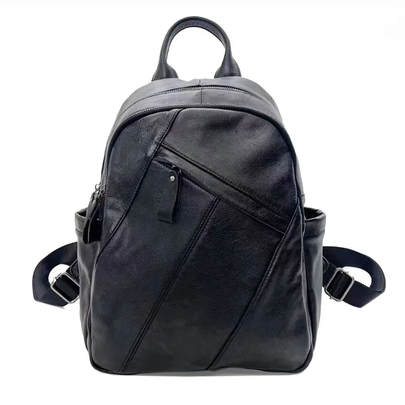 

Large Capacity Preppy Style Vintage Backpacks Casual All-match Solid Black Genuine Leather Schoolbag Leisure All-match Bolsas