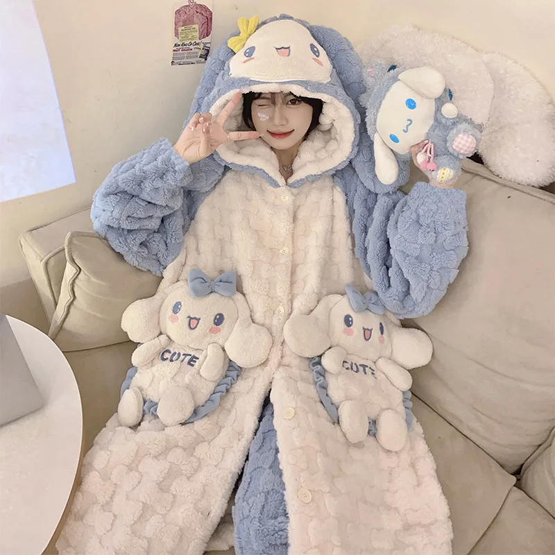 2Pcs Sanrios Long Style Kuromi Pajamas Woman Anime Cartoon Kawaii My Melody Cinnamoroll Winter Velvet Thickening Loungewear Set