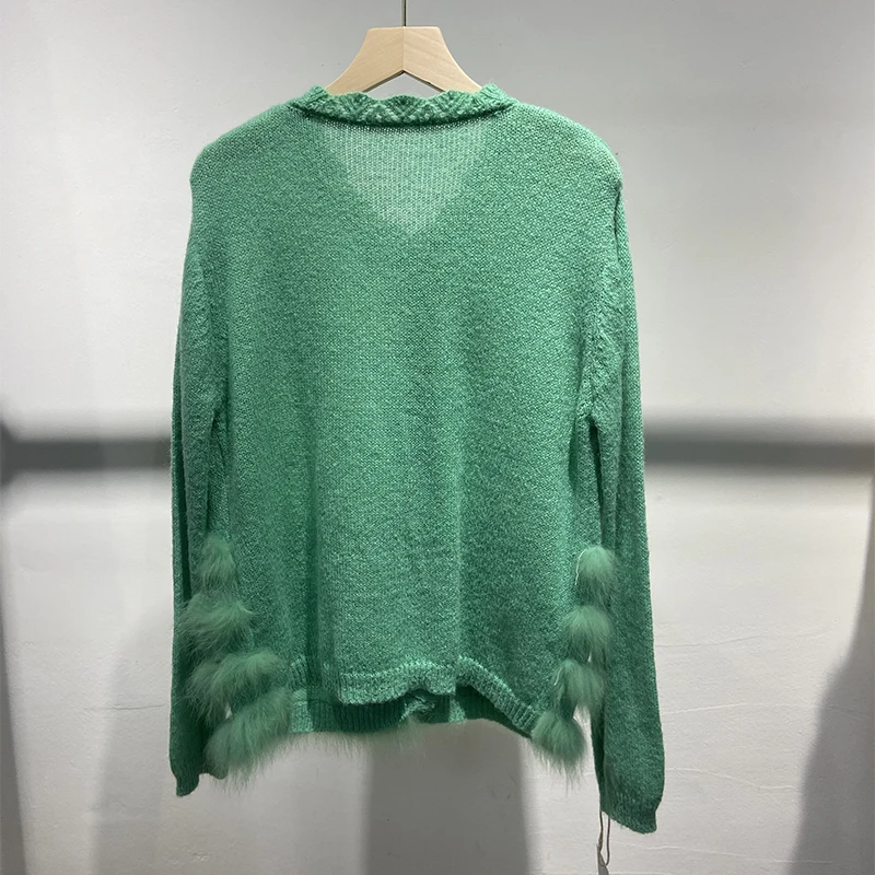 2025 ผู้หญิงขนสุนัขจิ้งจอกจริงตกแต่งภายนอกLadyแฟชั่นฤดูใบไม้ร่วงบางเสื้อกันหนาวถักเดี่ยวBreasted Coat