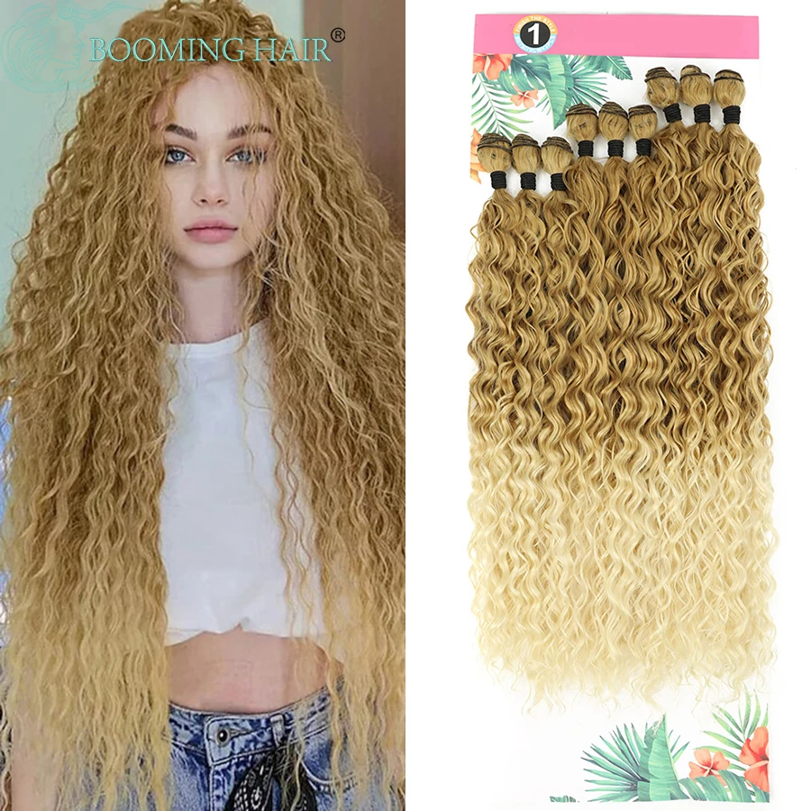 Mechones de pelo sintético para mujer, extensiones de cabello rizado, 9 unidades/juego, pelo largo tejido, fibras de pelo resistentes al calor,