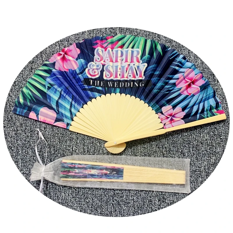 50PCS Personalized Silk Wedding Hand Fans Customized With Bride & Groom's Names and Photo Anniversary Birthday Souvenior Gift