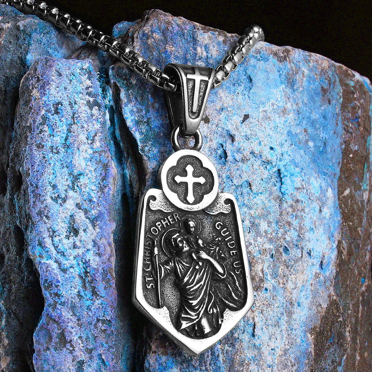 

Cross Shield St.Christopher Amulet Men Necklaces Stainless Steel Pendant Chain Women Jewelry Vintage Accessories Gifts Wholesale