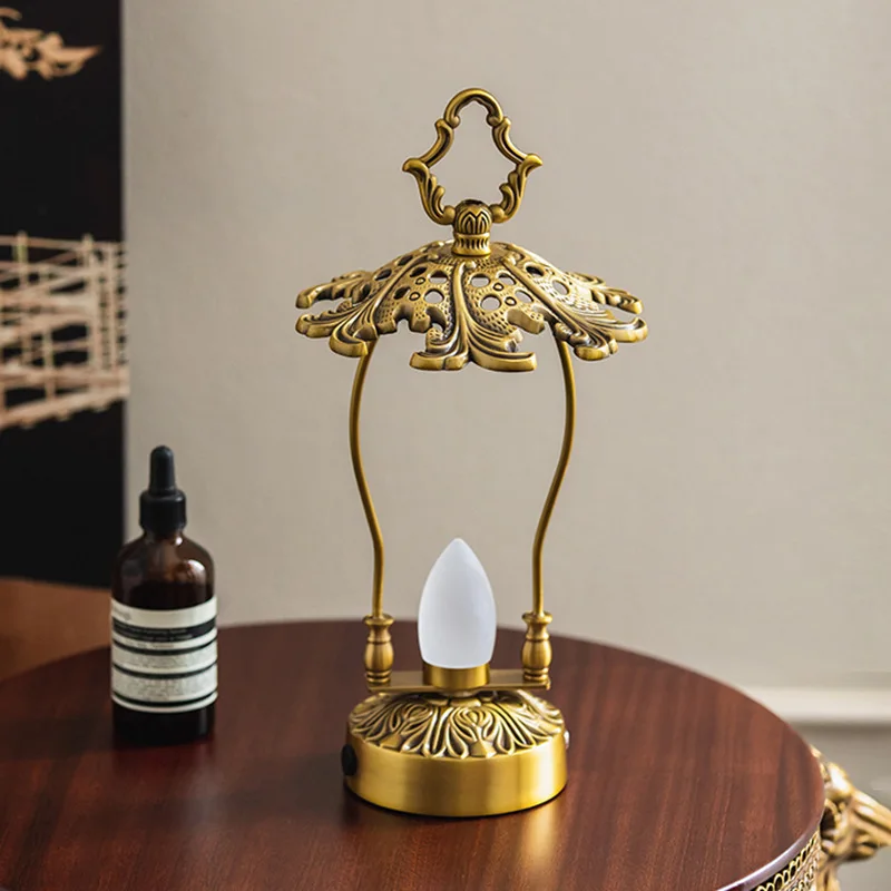 Retro Hollow Handmade Brass Home Candle Light Bar Table Top Ornament Portable Camping Charging Ambient Light Advanced Sense