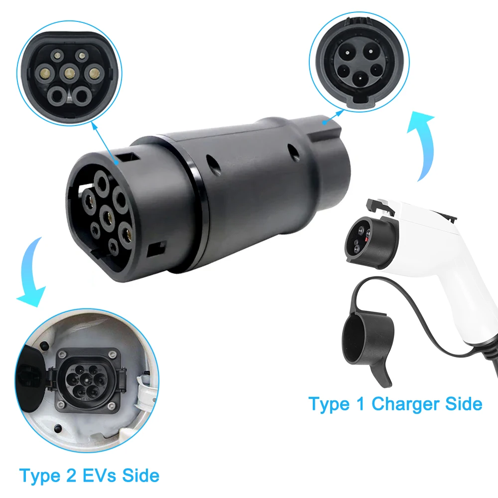 Teschev 32A Adapter Convertor EVSE Adaptor Type 1 to Type 2 EV Charger Connector for Type2 Electric Car