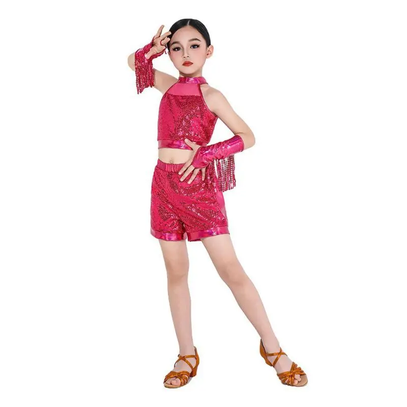 

Children Girls Jazz Dance Costumes Kids Sequins Ballet Gymnastics Leotard Crop Top+Shorts Set Hip Hop Performance Stage Outfits