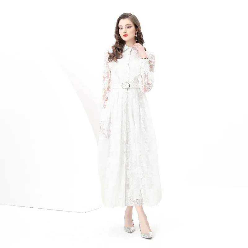 فستان طويل بتصميم عتيق مطرز بالدانتيل بأكمام جرس وياقة عالية من القطن فستان ماكسي للربيع والصيف والخريف أزياء نسائية عصرية