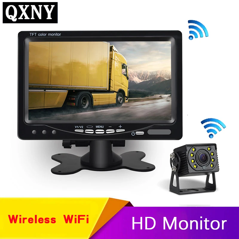 

QXNY 2.4G Night Vision Wireless Rear View Camera with 7”Car Monitor Screen For Truck Bus RV Trailer Excavator Reverse Image 24V