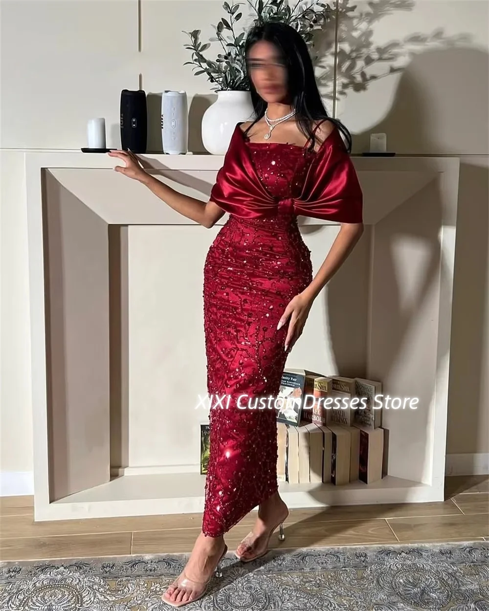 تخصيص فساتين Fساتين سهلة الاستخدام بدون حمالات باللون الأحمر بطول الأرض للحفلات الراقصة وأشرطة كاب مكشكشة وسحاب حتى الفساتين للمناسبات الخاصة #2