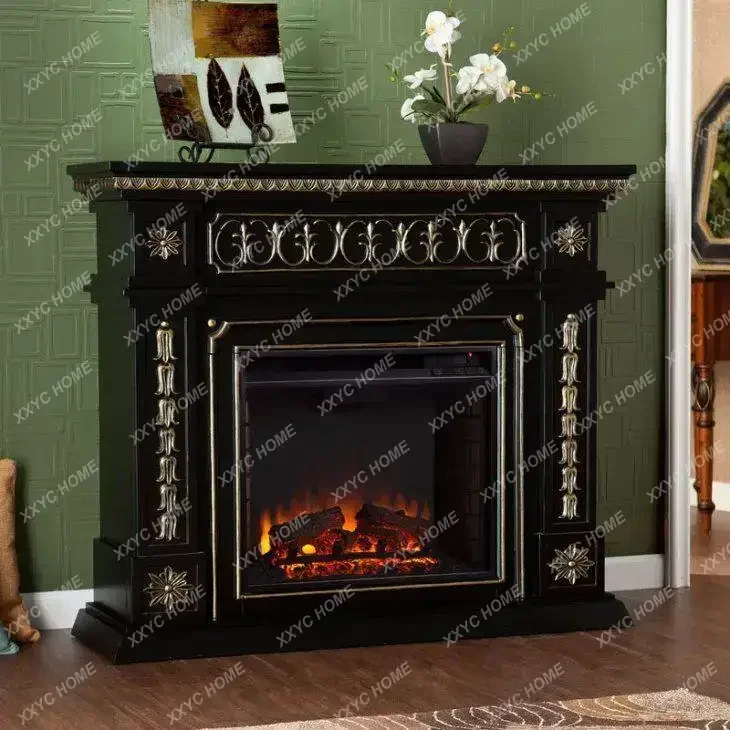 

Fireplace Frame Solid Wood Carving Flower Gold-painted Decorative Cabinet Electronic Simulation Fake Flame Fireplace