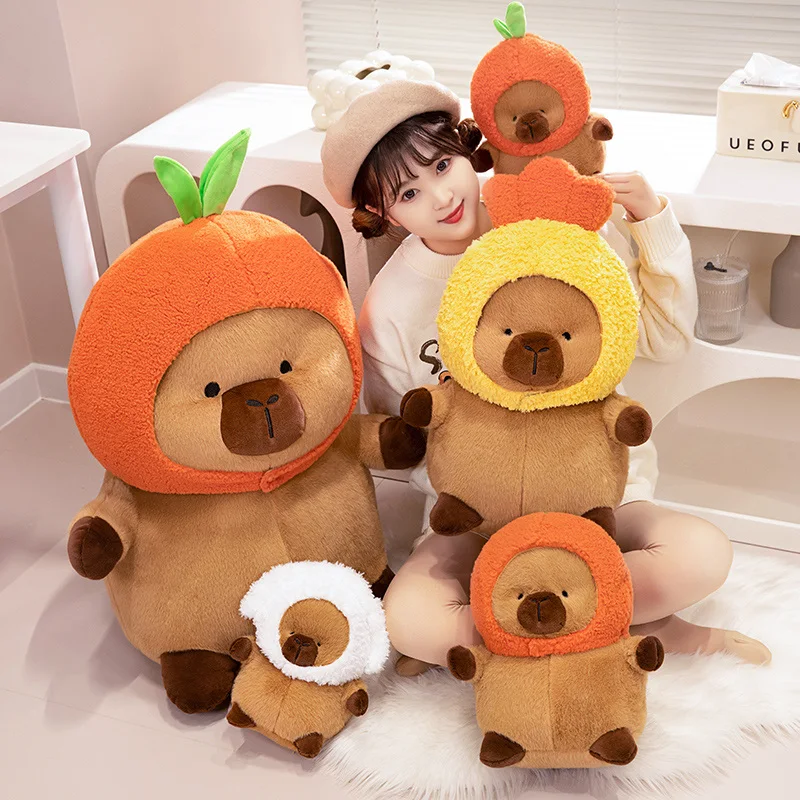 22/32/42CM Cartoon Capybara With Hat Plush Dolls Lovely Capybara Wear Orange Hat Shrimp Tail Cap Plushie Pillow Great Xmas Gifts