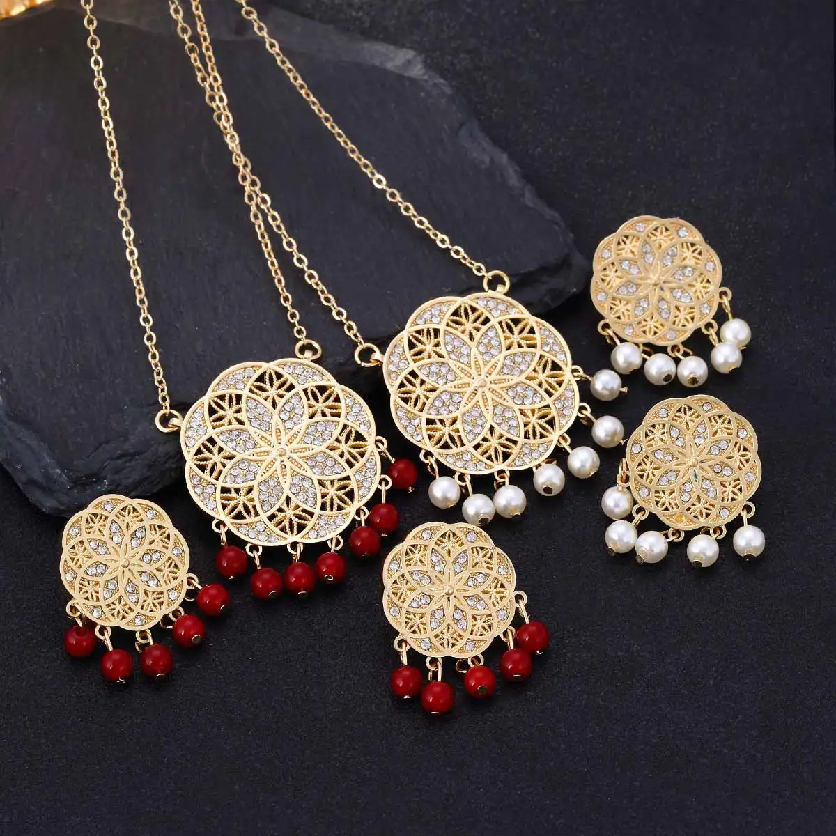 African Beads Jewelry Sets Carve Rhinestone Geometric Statement Necklace Earrings Set Classic Indian Crystal Bridal Jewelry Set