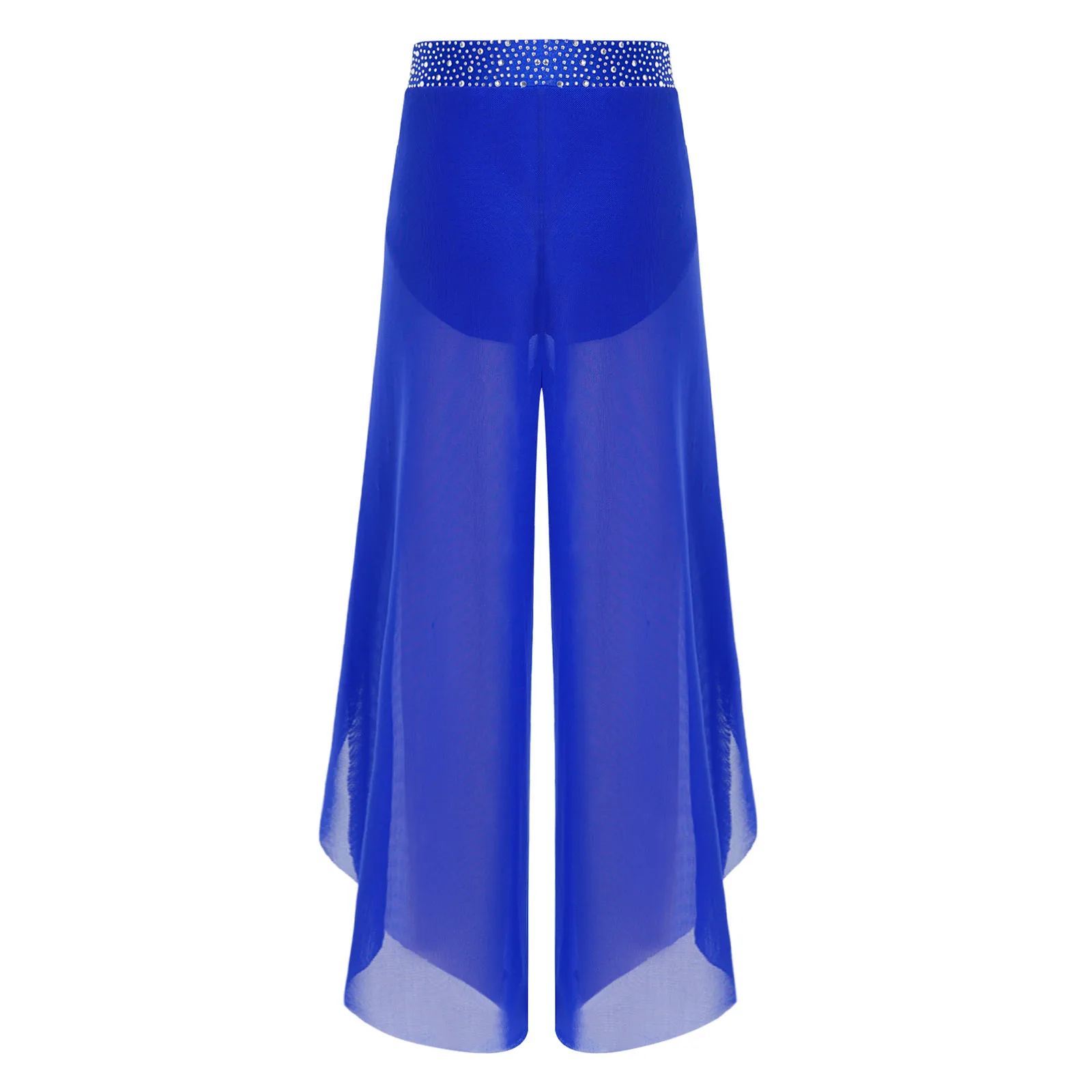 Kids Girls Ballet Lyrical Dance pants Performance Costume Shiny Rhinestone Waistband Side Split Mesh Pants Dancewear