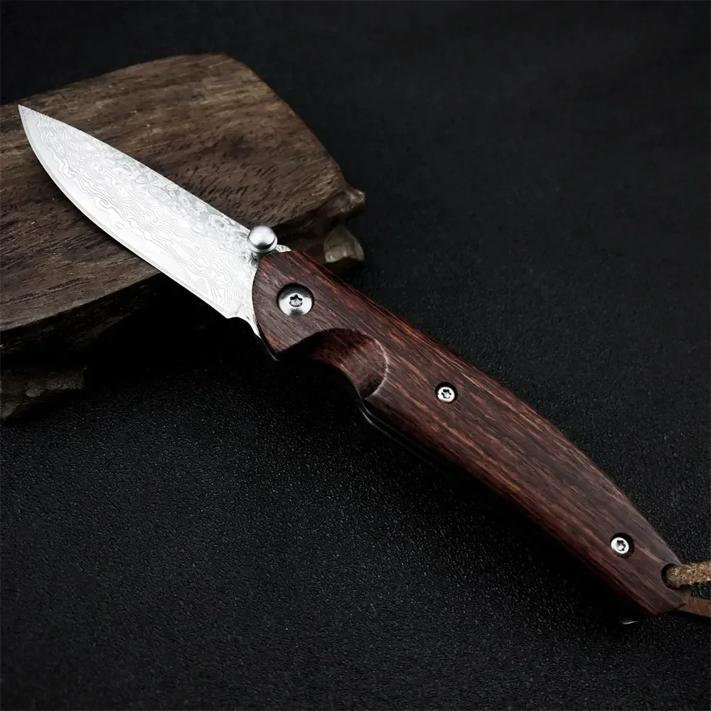 VG10 Damascus Steel Blade Folding Pocket Knife Hot Selling Red Wood Handle Fishing Knives Self Defense EDC Utility Knife