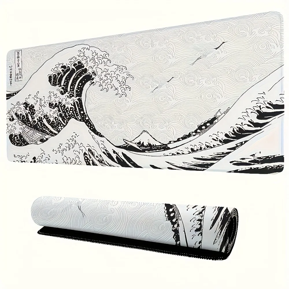 Black White Wave Art XXL Desk Mat | Soft Aesthetic Rubber Base Gaming Mouse Pad for PC Laptop Office Setup Large mouse pad