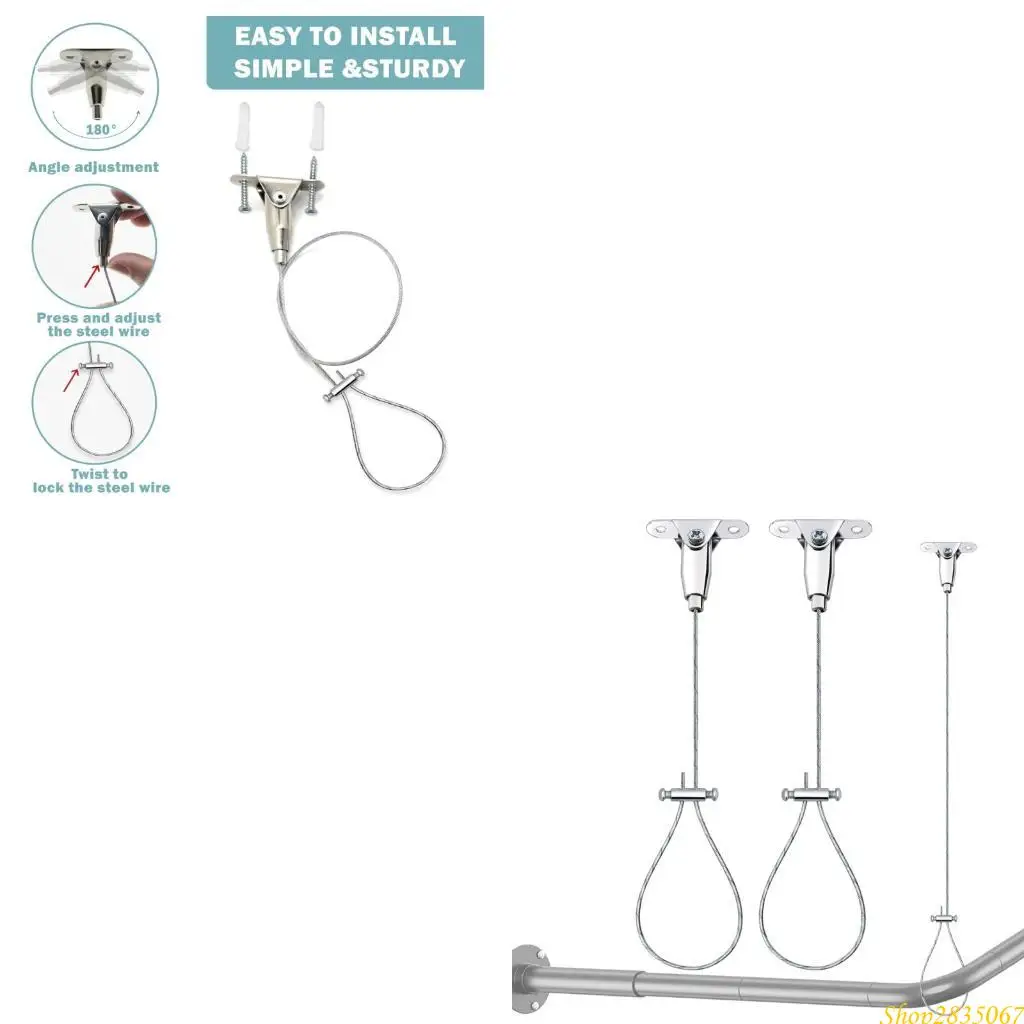 2PCS Stainless Steel Ceiling Hanging Systems Adjustable Shower Rod Support Brackets Wire Rope Suspension Holder 831F