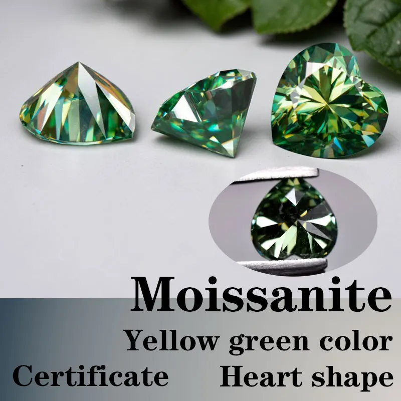 

Moissanite Heart Cut VVS1 Synthetic Gemstone Yellow Green Color with Certificate Unnatural