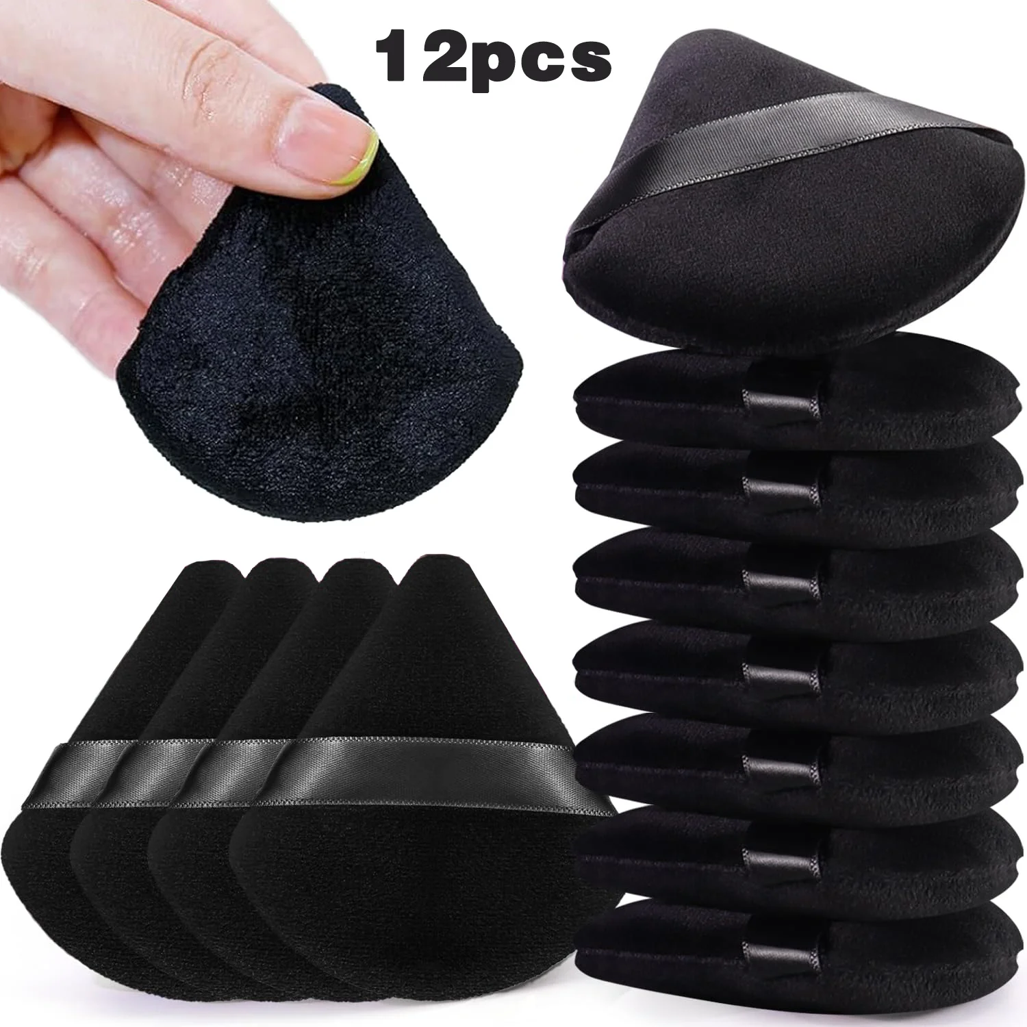 12 Pcs (Black) Velour Face Powder Puffs, Triangle Sponge Puffs for Loose Powder and Foundation, Makeup Puff for Contouring