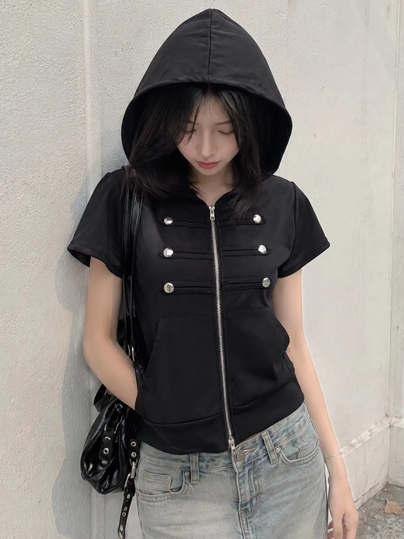 Spring and Summer Season New Y2K Hooded Double Row Metal Buckle Zipper Bubble Short Sleeved Slim Fit Cardigan T-shirt