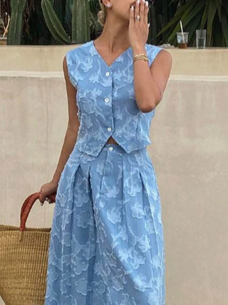 Elegant V-neck Button Vest Top & Skirt Set Women Sexy Sleeveless Split Long Skirt Outfits Fashion Jacquard Waist Skirt 2Pc Suits