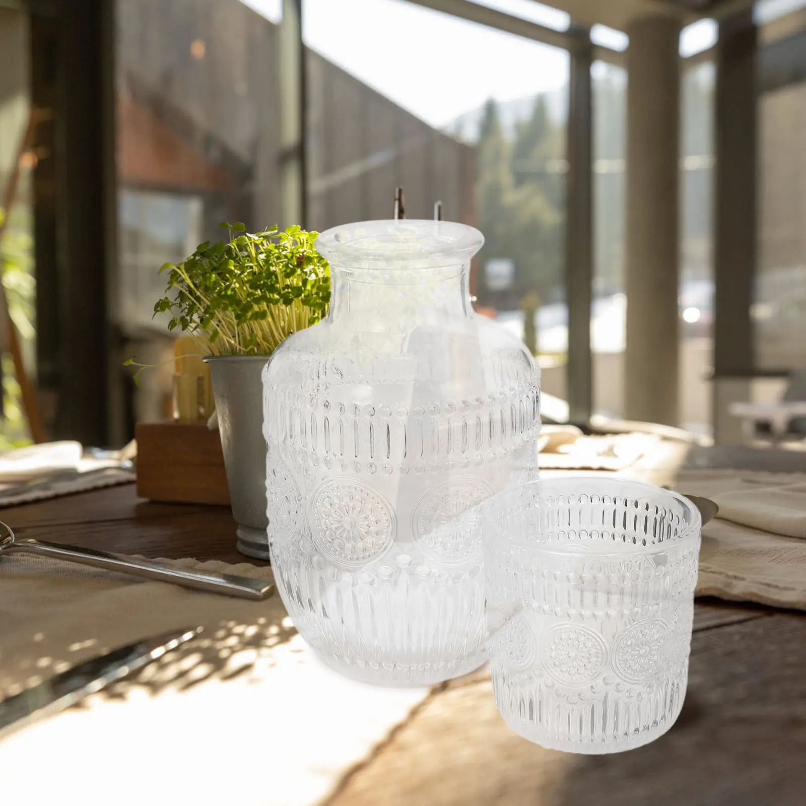 600Ml Embossed Glass Carafe 160Ml Sunflower Design Tumbler Set for Iced Tea Juice Cold Beverages Bedside Nightstand Kitchen
