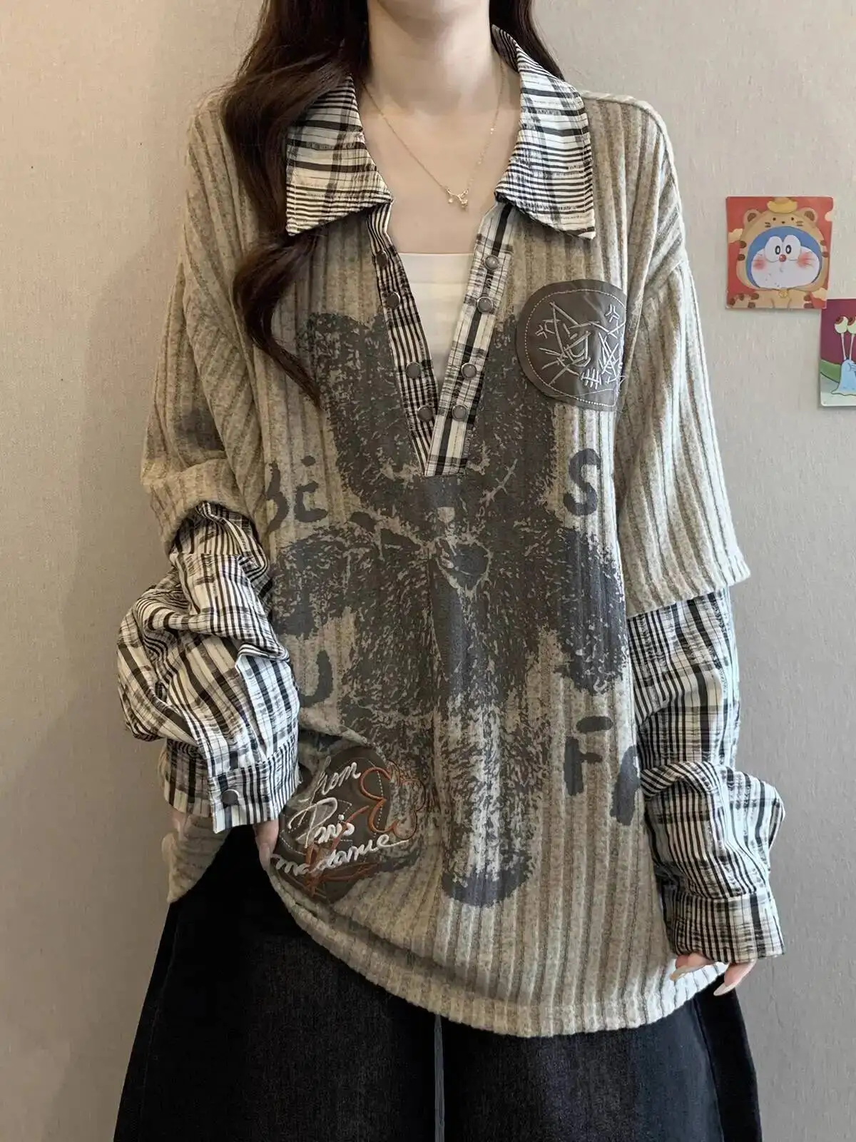 حجم كبير قمصان وهمية قطعتين طويلة الأكمام 2026 ربيع المرأة الحلو كول مطبوعة فضفاض الهيب هوب الخامس الرقبة القمصان