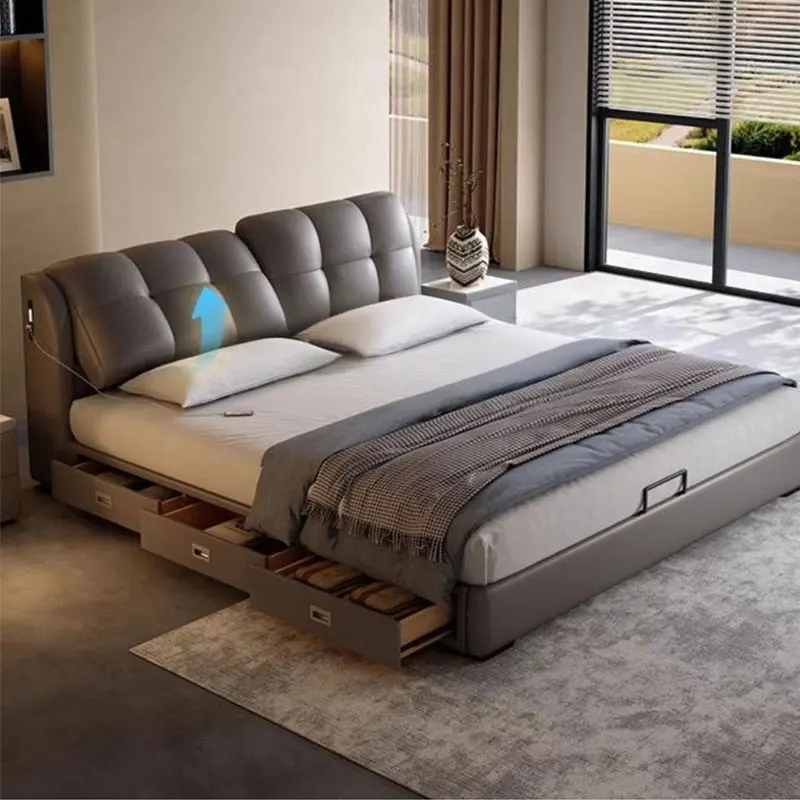 

#Modern Multifunctional Storage Leather Bed Nordic Light Luxury Master Bedroom Large Bed with Adjustable Soft Cushions DoubleBed