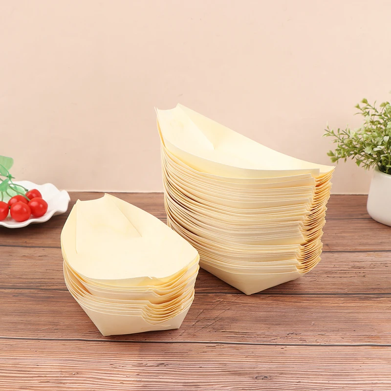 50Pcs Disposable Wooden Boat Plate Sushi Wood Boat Sushi Salad Dessert Bowl Pine Wood Bowl Plate Tray