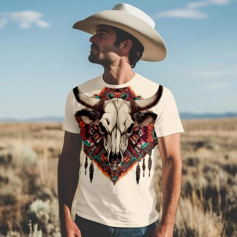 3D-gedrucktes Retro-Streifen-Drachen-Kuh-T-Shirt für Herren, Cowboy-Grafik-T-Shirt, modisches, lässiges O-Neck-Sportshirt, Kurzarm-T-Shirt