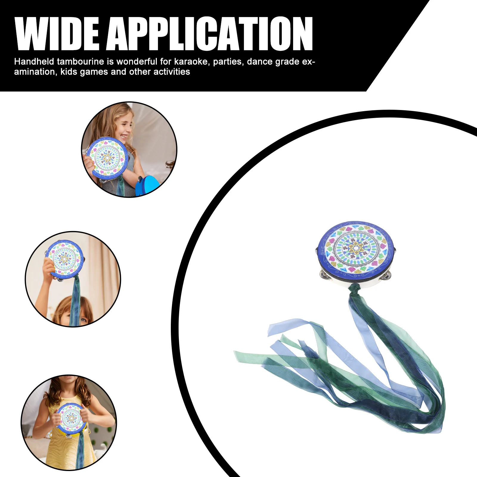 

Hand Drum Ribbon Decorated Tambourine Wood Body Metal Jingles Handheld Percussion Instrument for Hanfu Photography Dance Party