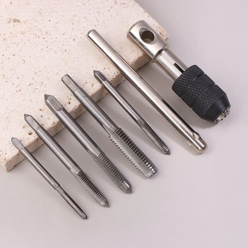 Adjustable Silver T-Handle Ratchet Tap Holder Wrench With 5pcs M3-M8 3mm-8mm Machine Screw Thread Metric Plug T-shaped Tap