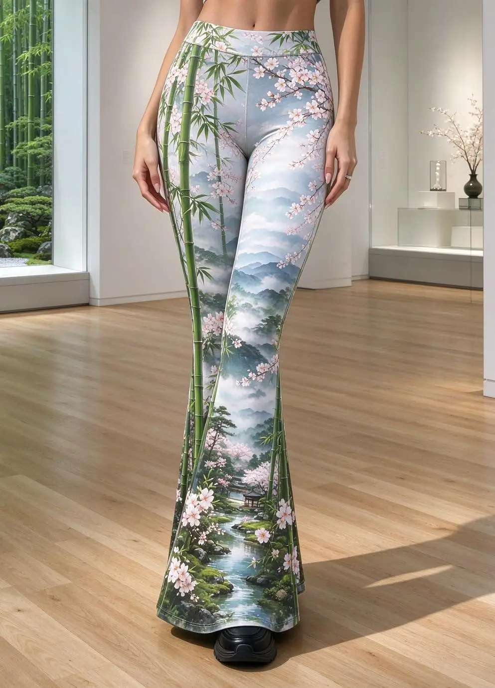 Women Mid-Rise Slim Flared Pants Oriental Bamboo Cherry Blossom Mountain Stream Landscape Print Stretch Bell Bottoms