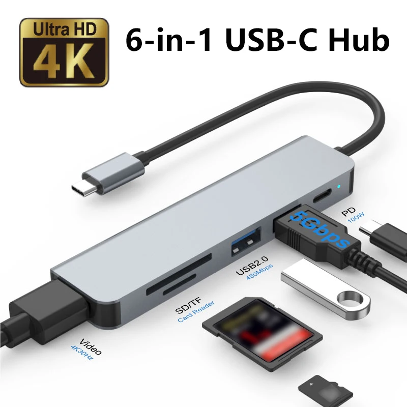 6-in-1 USB C Hub with 4K HDTV, PD Fast Charging, USB 3.0 5Gbps, USB 2.0 480Mbps and SD/TF Card Reader for Laptop Tablet