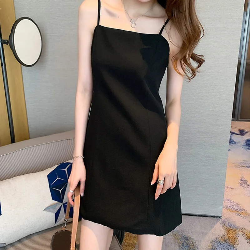 

Chic Spaghetti Strap Balck Women Dresses Summer New All-Matched Slim Mini Dress Korean Stylish Straight Sundress
