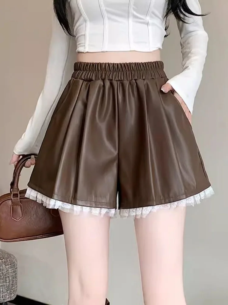 

Sweet Hot Girl Maillard Style Lace PU Shorts Women's Autumn/Winter A-line Straight Leg Short Pants Fashion Female Clothes