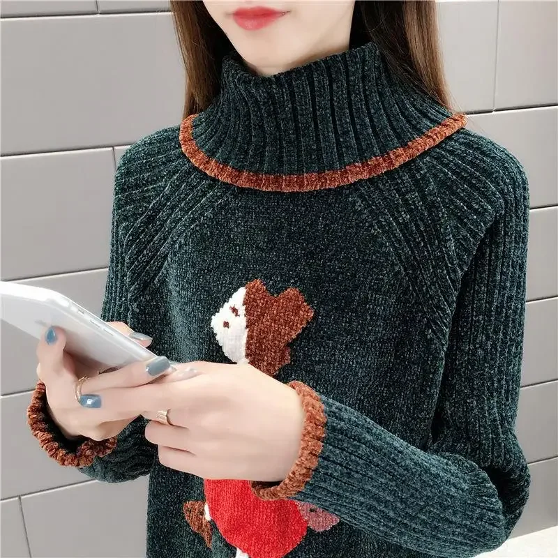 2023 Spring And Autumn Chenille Turtleneck Sweater Female Embroidery Cartoon Image Pullover Loose Knitted Base Shirt