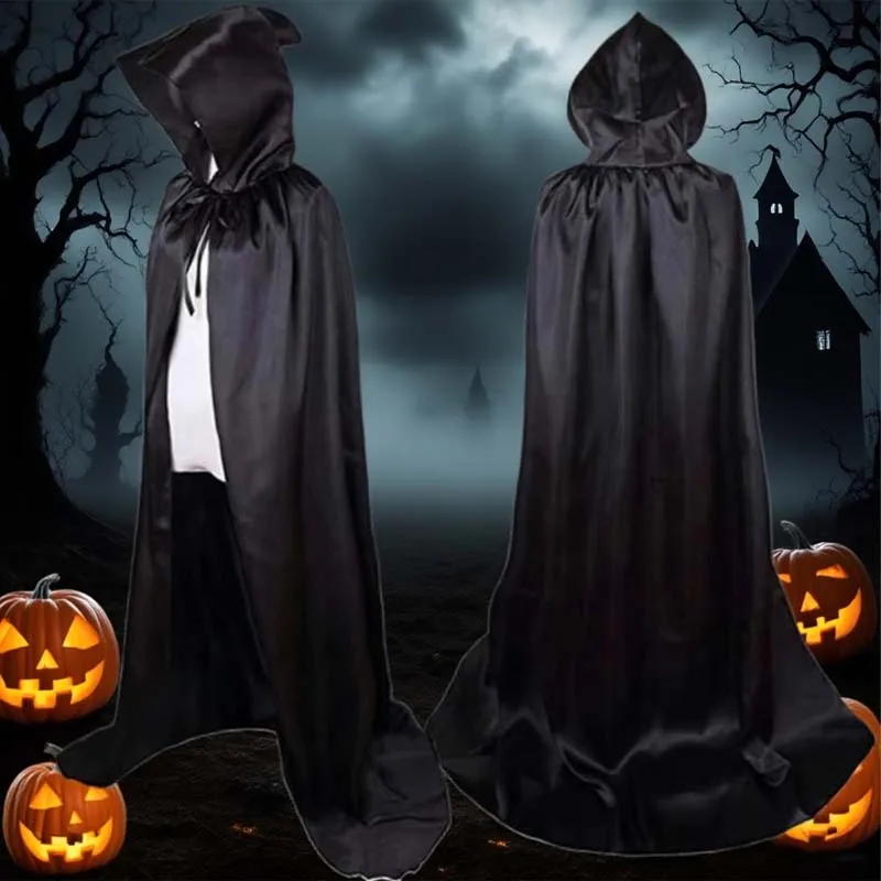 Halloween Decor Black Cloak Cape for Kids and Adults Wizard Robe with Hood Grim Reaper Cosplay Costume for Party and Event Use
