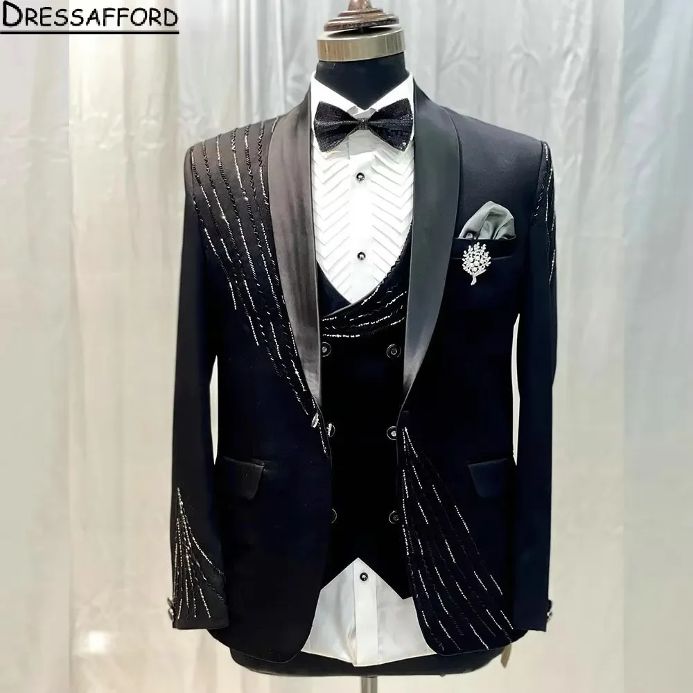 Black Groom Wear Handmade Beading Formal Men Suits 2 Piece Jacket And Pants Sets Smart Casual Business Blazer