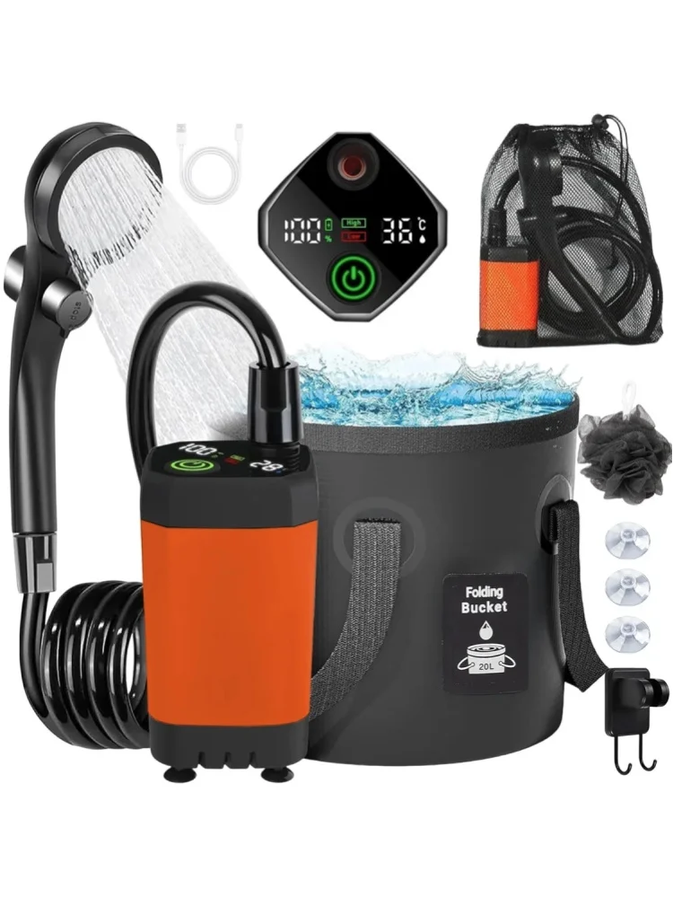 Tragbare Campingdusche mit wiederaufladbarer Pumpe, faltbarer Eimer – 6000mAh Outdoor-Duschset mit 20L faltbarem Beutel für Reisen, Garten und Autowäsche