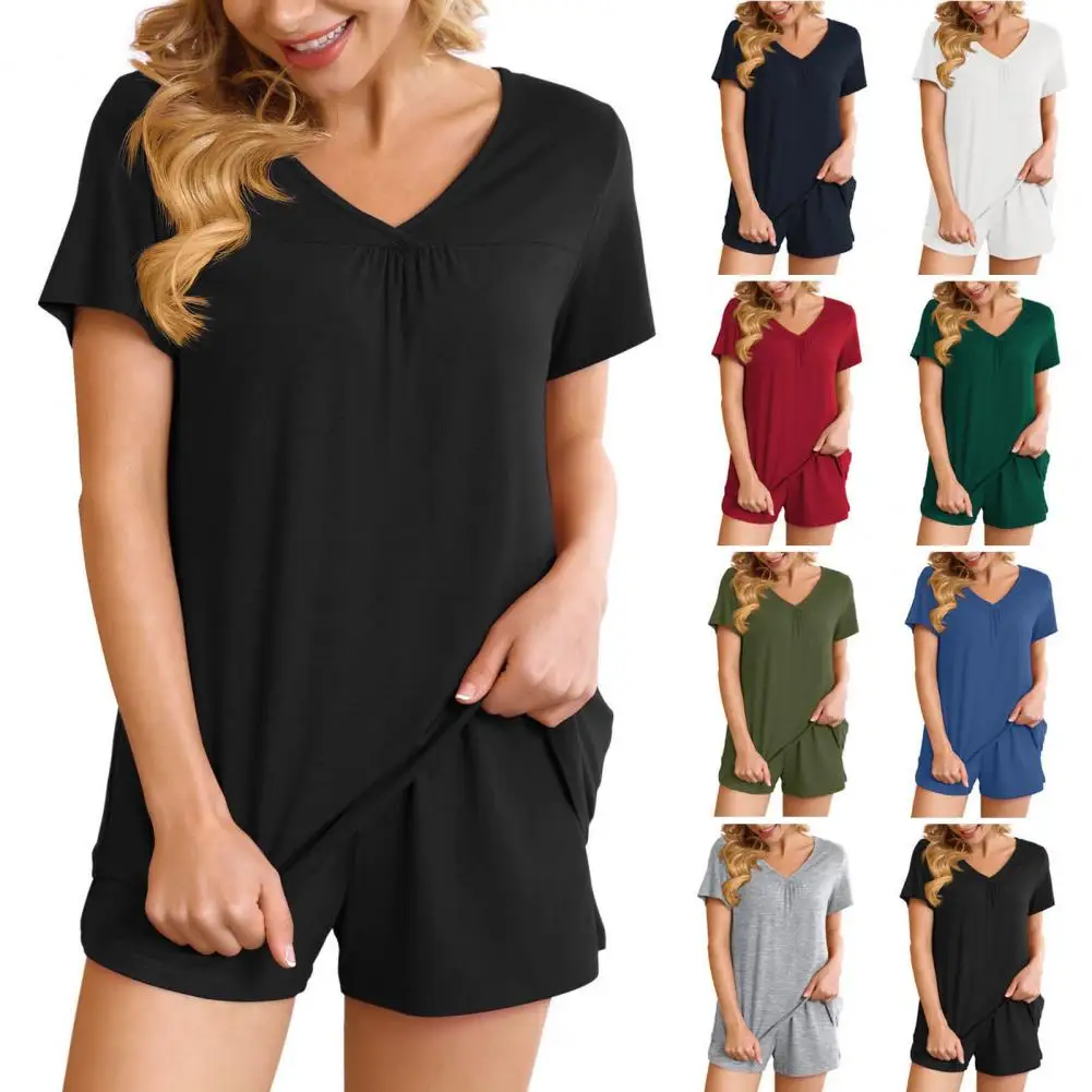 

2026 Women Summer Pajamas Suit V Neck Short Sleeve Sleepwear Set Homewear Top Shorts Set Loose Shorts Set Casual Sport Outfit