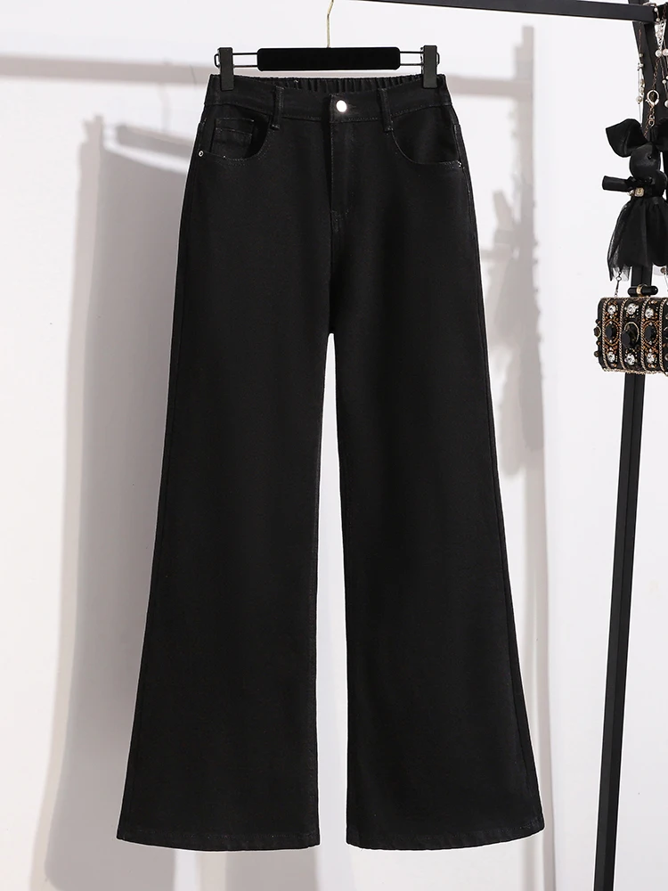 Black Wide Leg Jeans Women's plus Size Slimming High Waist Cotton Polyester Blend Micro Stretch Denim Pants Fashionable