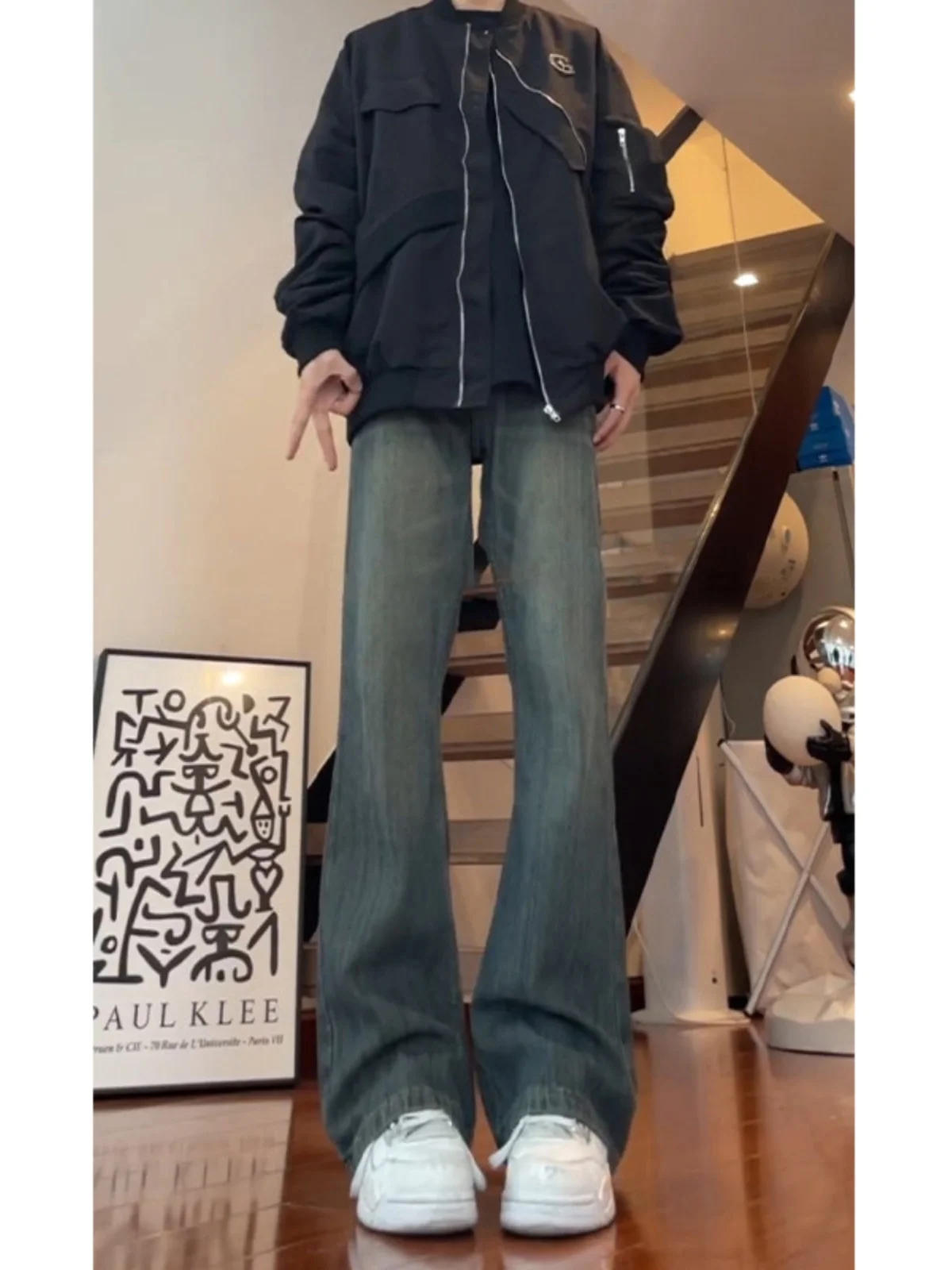 

High Waist Straight Leg Micro Flared Jeans Men's American High Street Vibe Bamboo Node Pattern Long Trousers Youth Trend