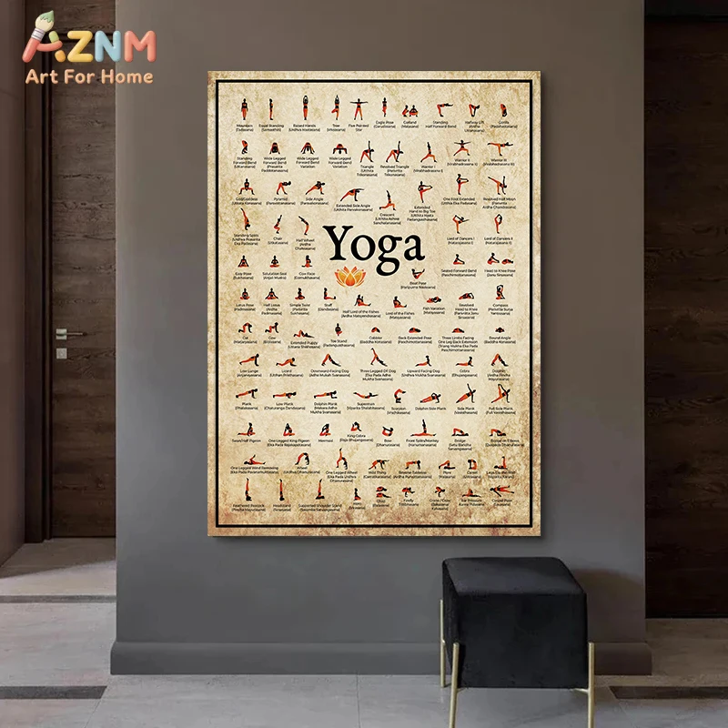 AZNM Vintage Yoga Poses Chart Poster Canvas Wall Art Retro Asana Guide Meditation Spiritual Print Unframed Decor For Yoga Studio