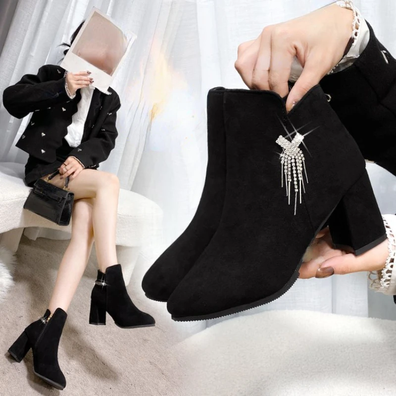 Autumn and winter tassel rhinestone short boots, high heels, warm plush boots, medium heels, versatile women\'s boots